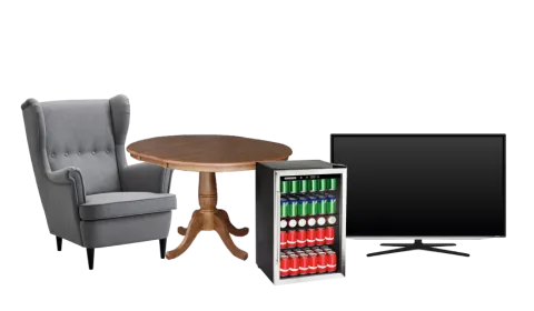 Various household items including chair, table, min-fridge, and TV