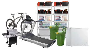 Various garage items including shelving, treadmill, bike, chest freezer, and BBQ