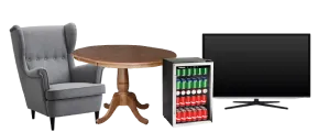 Various household items including chair, table, min-fridge, and TV